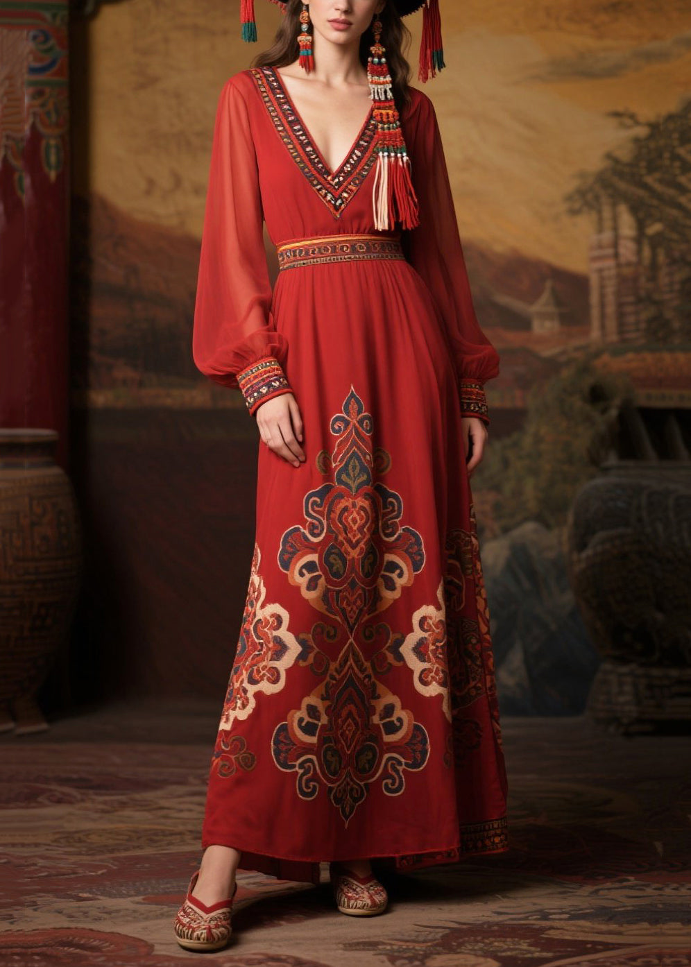 Chiffon Deep V-Neck Embroidered Cuff Long Sleeve Folk Print Maxi Dress - View 3