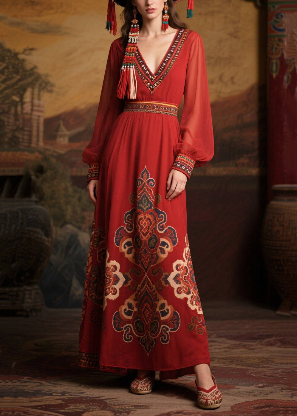 Chiffon Deep V-Neck Embroidered Cuff Long Sleeve Folk Print Maxi Dress - View 5