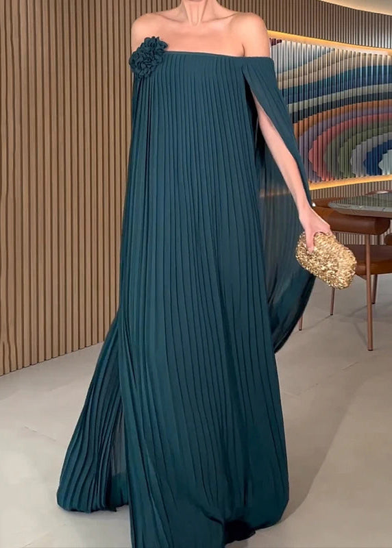 Off Shoulder Accordion Pleat Rosette Cape Sleeve Maxi Gown - View 3