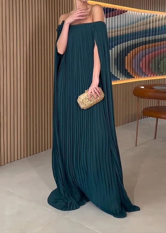 Off Shoulder Accordion Pleat Rosette Cape Sleeve Maxi Gown - View 4