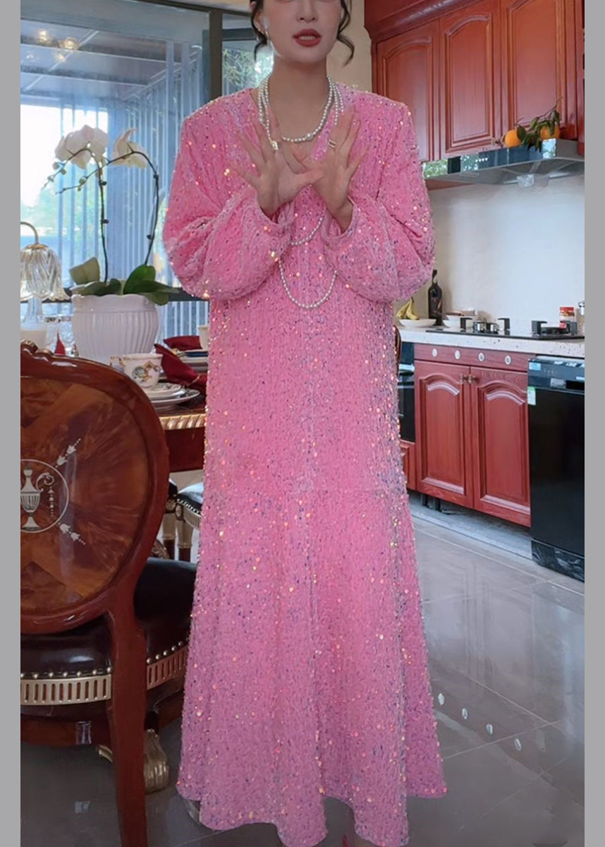 Sequin Deep V-Neck Long Sleeve Balloon Sleeve A-Line Maxi Dress - View 3