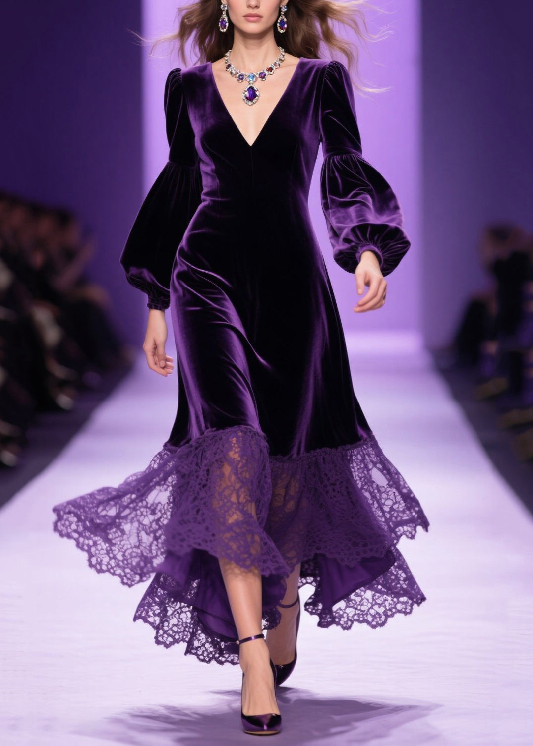 Velvet V-Neck Bishop Sleeve Lace Ruffle High Low Midi Dress - View 3