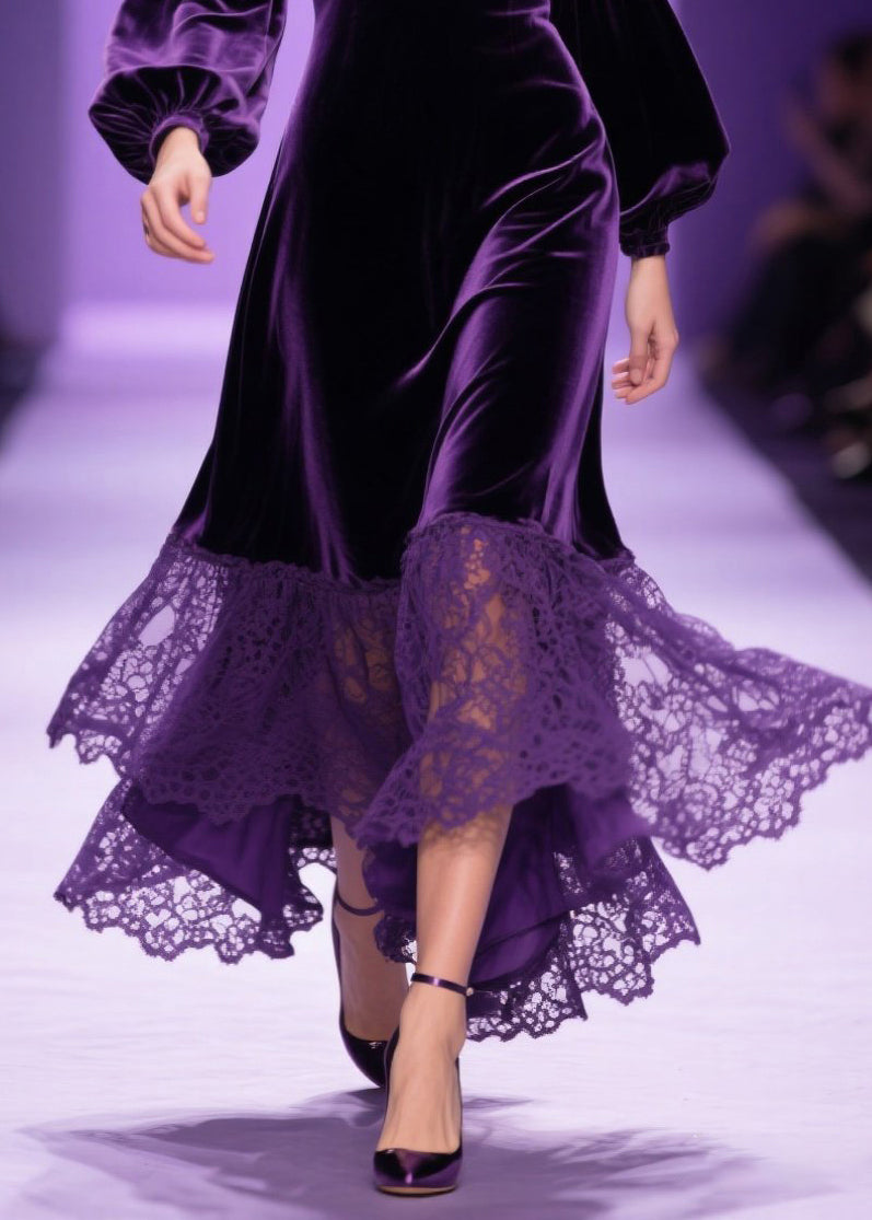 Velvet V-Neck Bishop Sleeve Lace Ruffle High Low Midi Dress - View 4