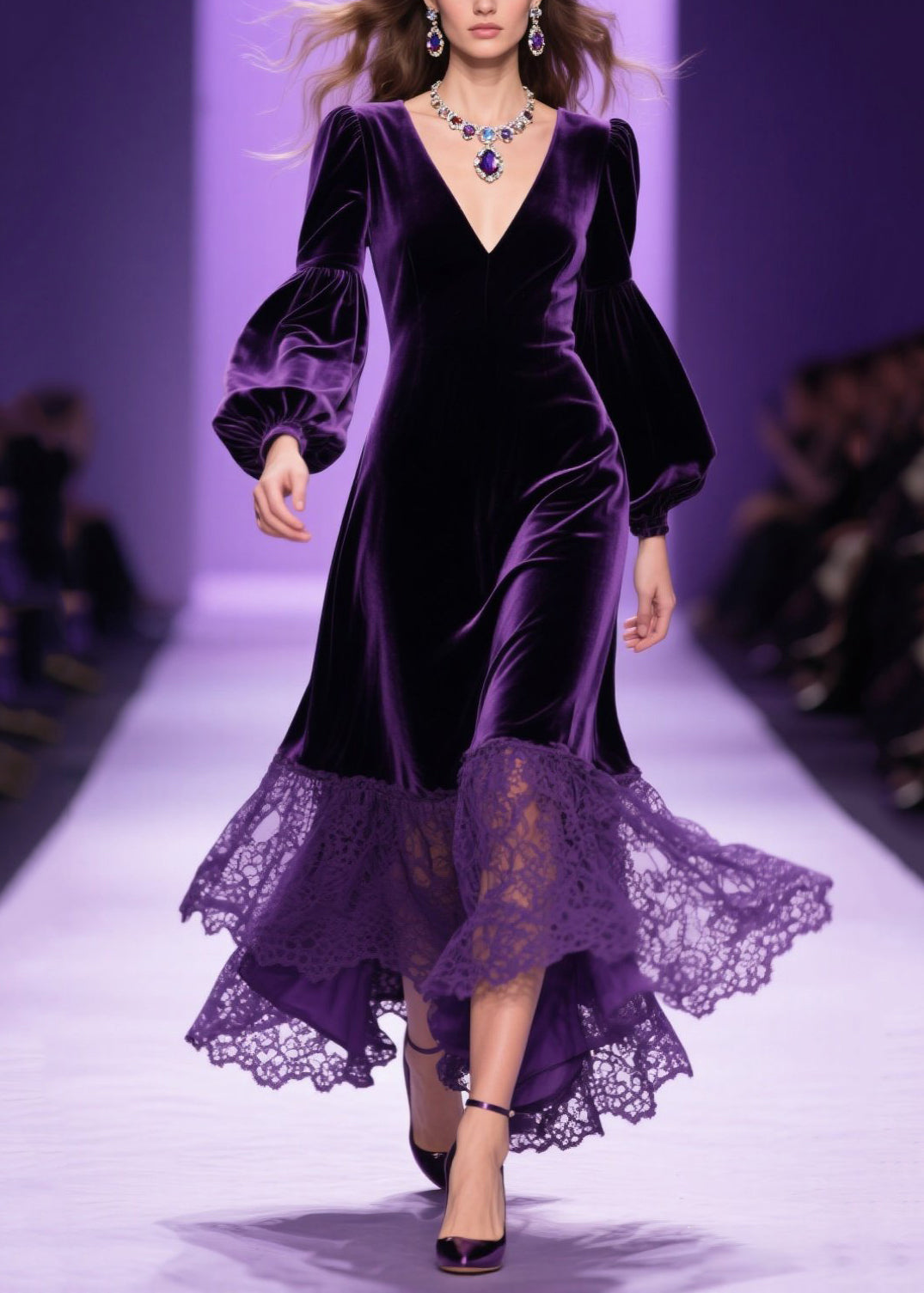 Velvet V-Neck Bishop Sleeve Lace Ruffle High Low Midi Dress - View 5
