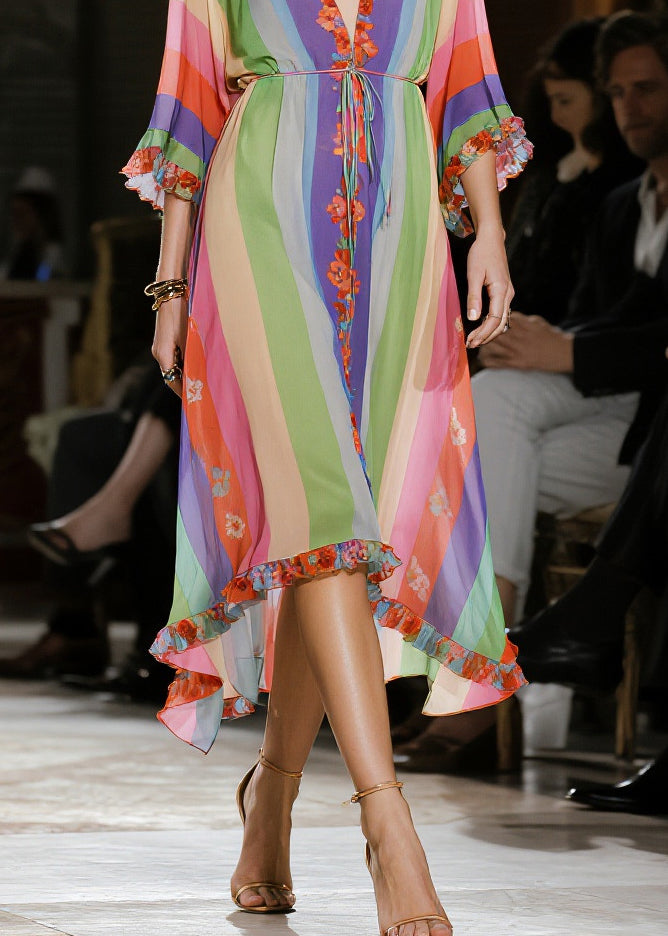 Classy Rainbow Ruffled Striped Chiffon Party Dress Summer - View 4