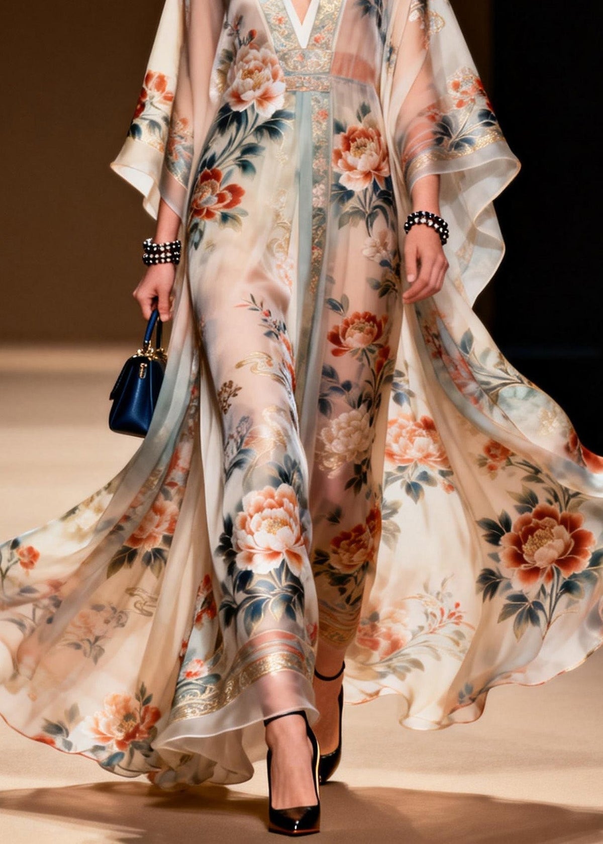 Floral Print Lace Trim Deep V-Neck Cape Sleeve Kaftan Maxi Gown - View 4