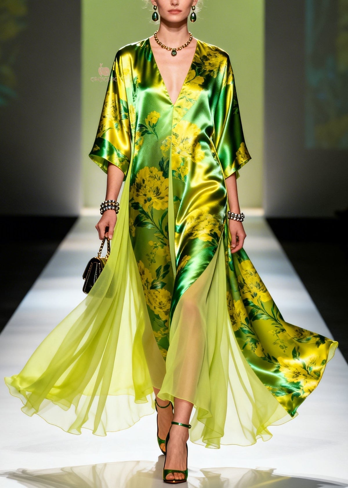 Floral Print Satin Deep V-Neck Wide Sleeve High Split Maxi Gown