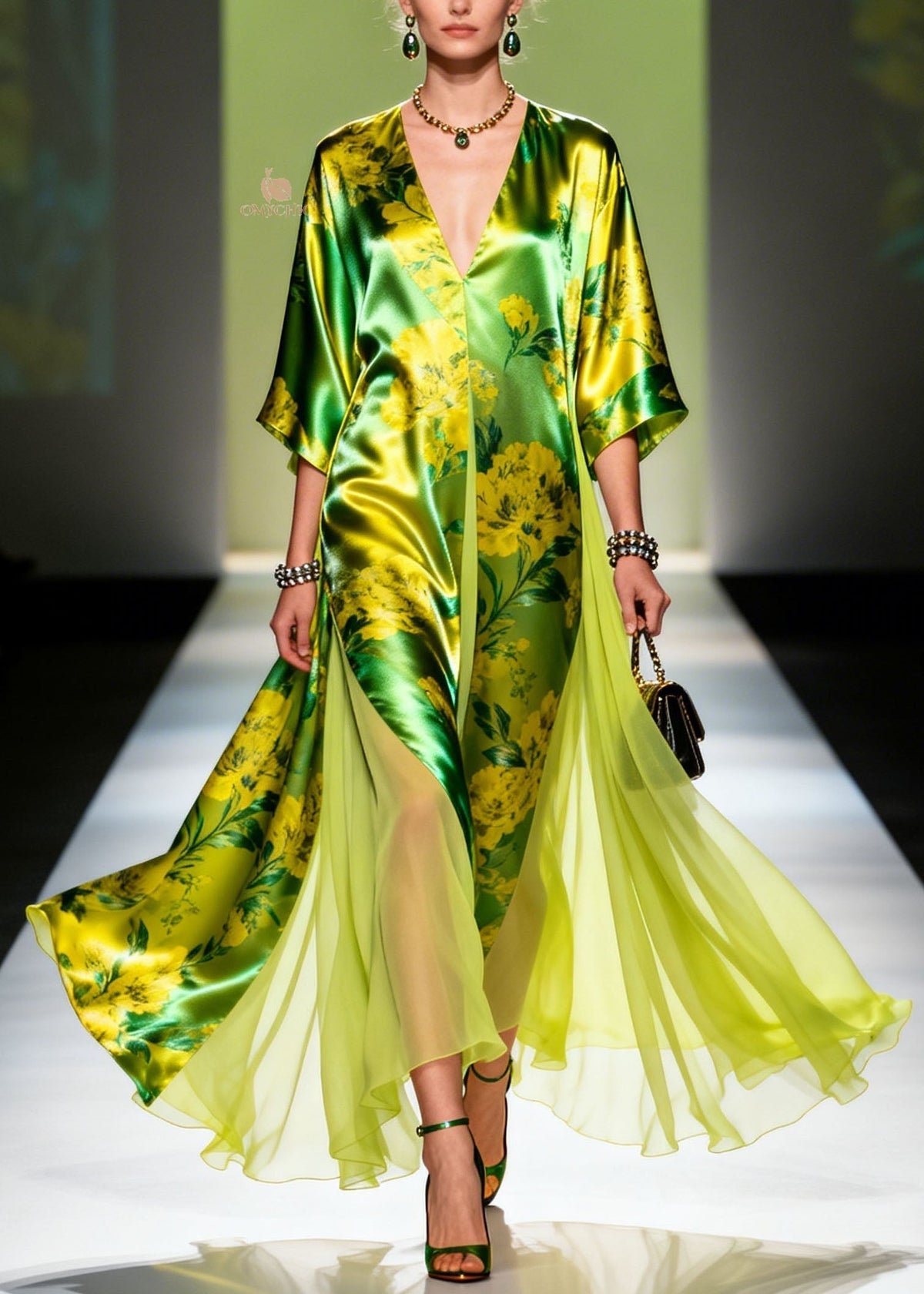 Floral Print Satin Deep V-Neck Wide Sleeve High Split Maxi Gown - View 3