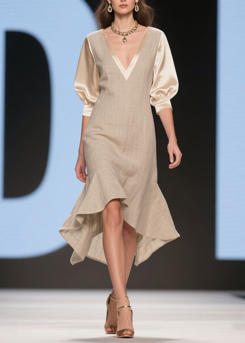 Deep V-Neck Puff Sleeve Woven Bodycon Asymmetrical Midi Dress