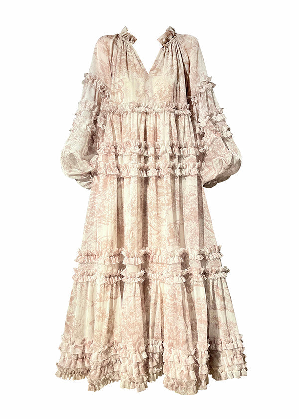 Classy V Neck Ruffles Print Chiffon Long Dresses Long Sleeve - View 5