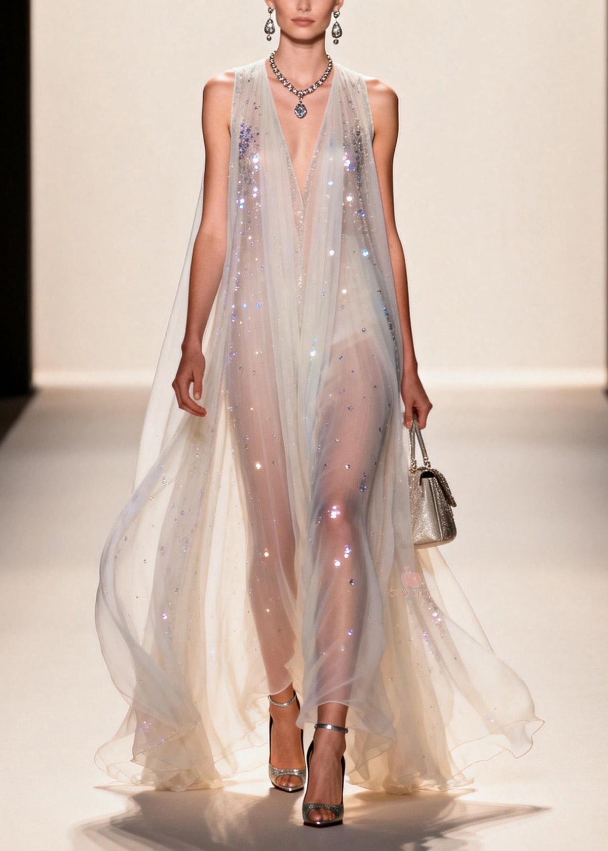 Sequin Mesh Deep V-Neck Sleeveless Sheer A-Line Maxi Gown - View 3