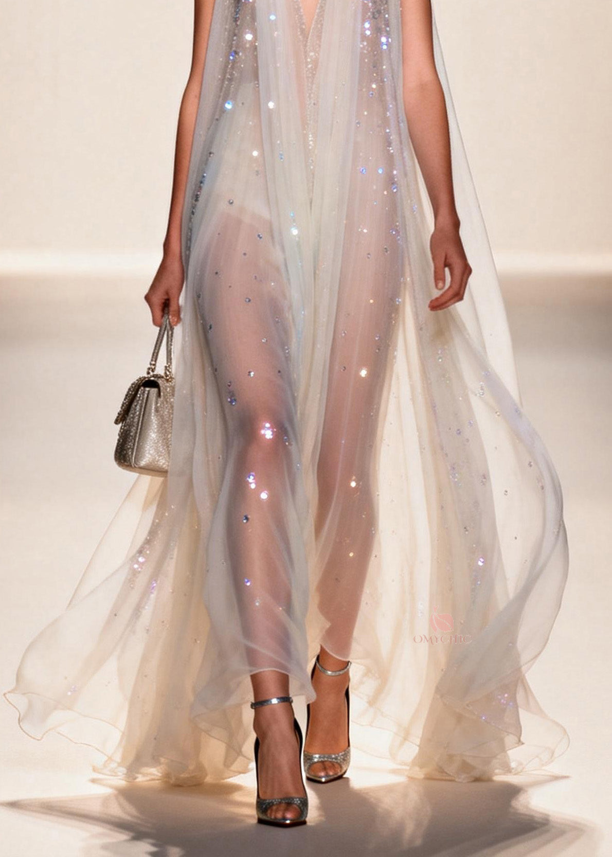 Sequin Mesh Deep V-Neck Sleeveless Sheer A-Line Maxi Gown - View 4