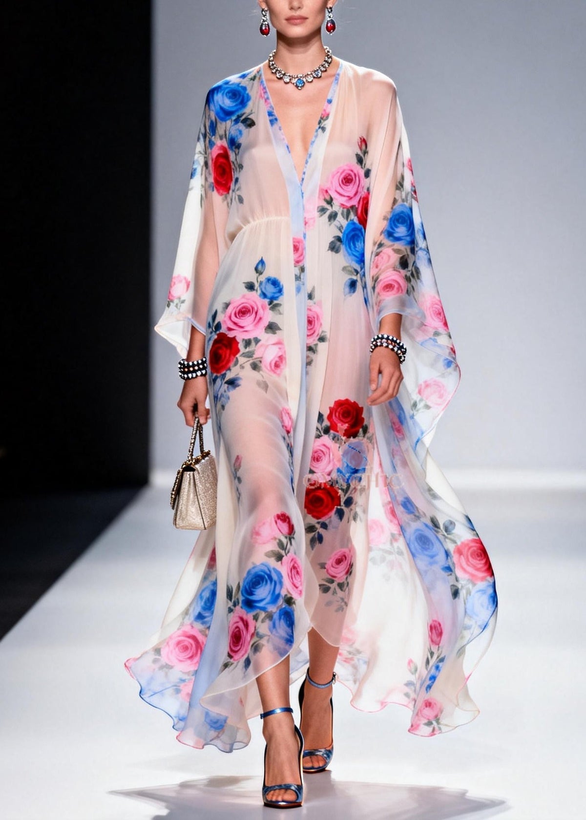Floral Print Deep V-Neck Empire Waist Sleeve Sheer Maxi Gown