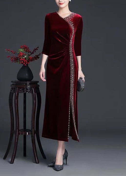 Velvet V-Neck Three Quarter Sleeve Rhinestone Trim Maxi Gown