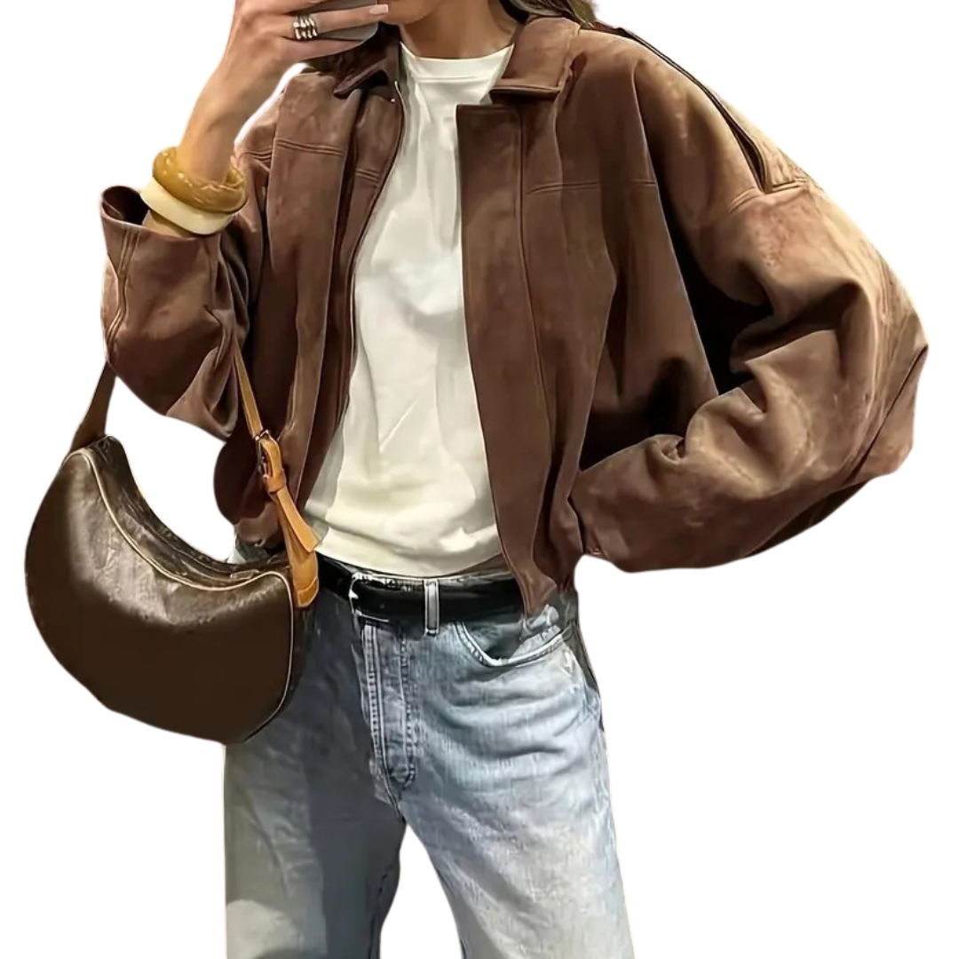 Suede Look Zip Front Cropped Bomber Jacket 2