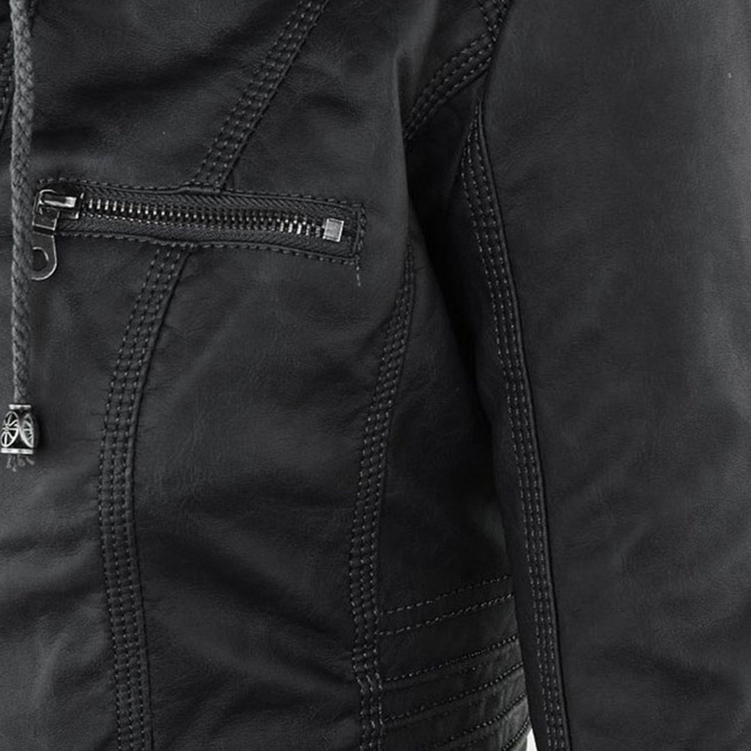 Faux Leather Removable Hood Zip Front Moto Jacket 9