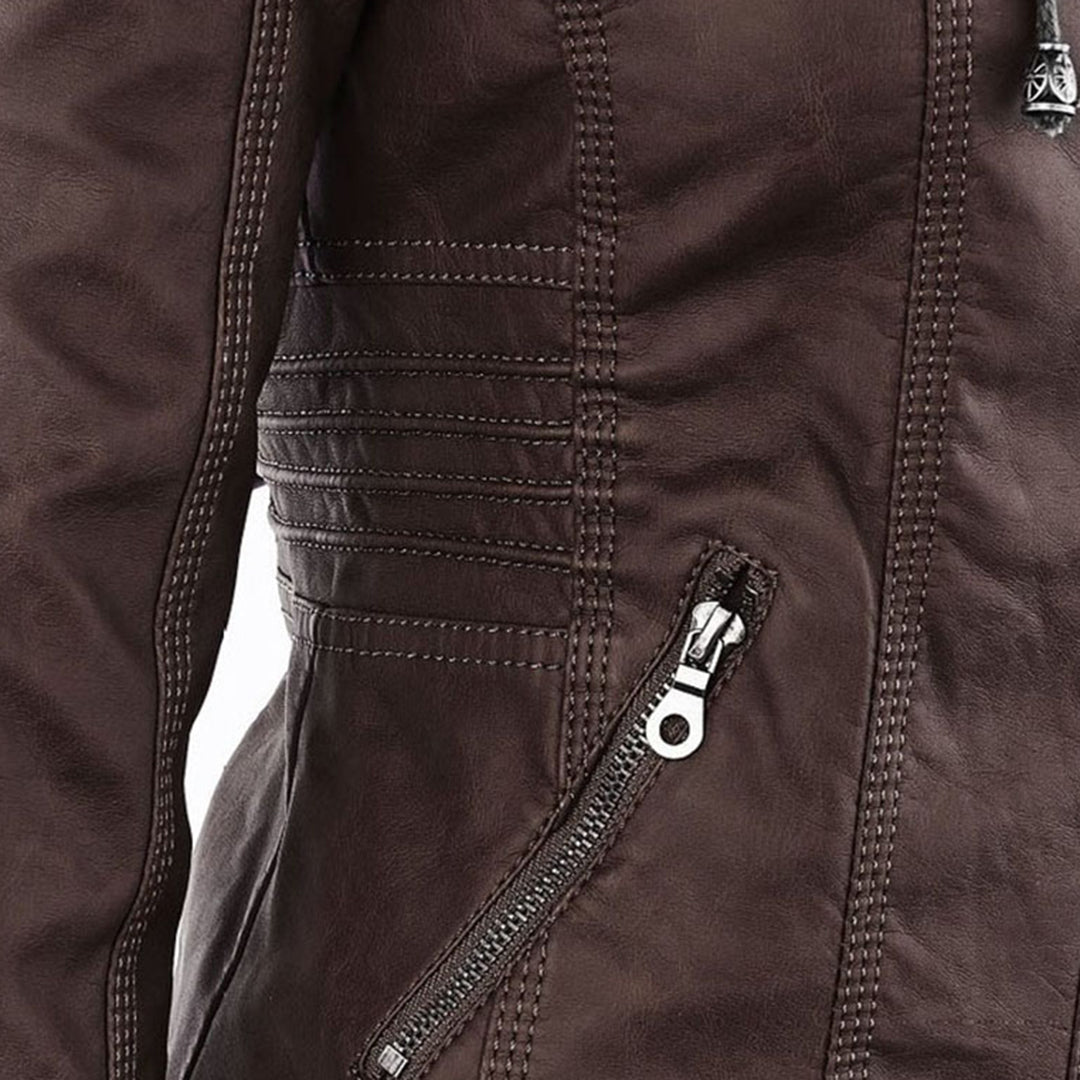 Faux Leather Removable Hood Zip Front Moto Jacket 11