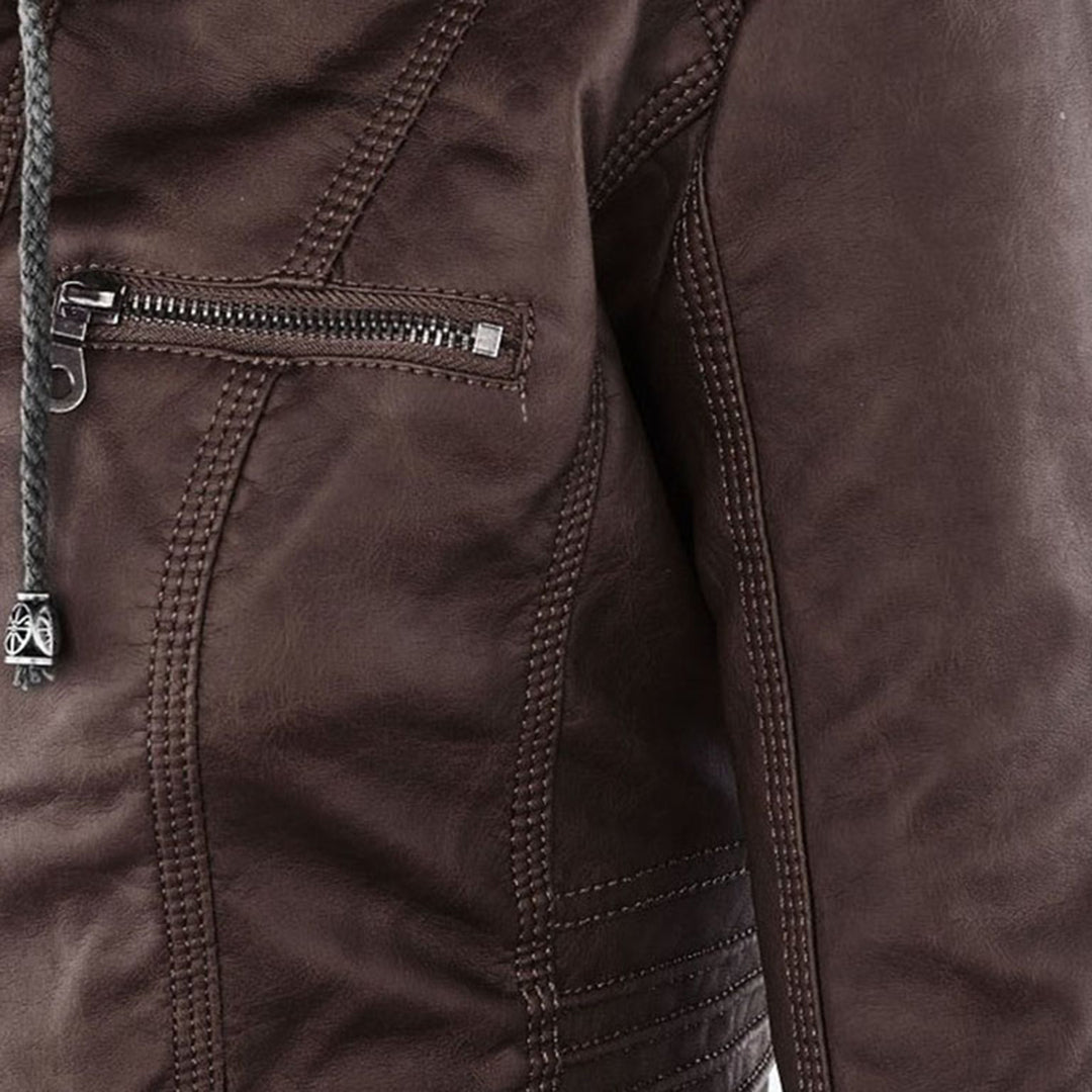 Faux Leather Removable Hood Zip Front Moto Jacket 12