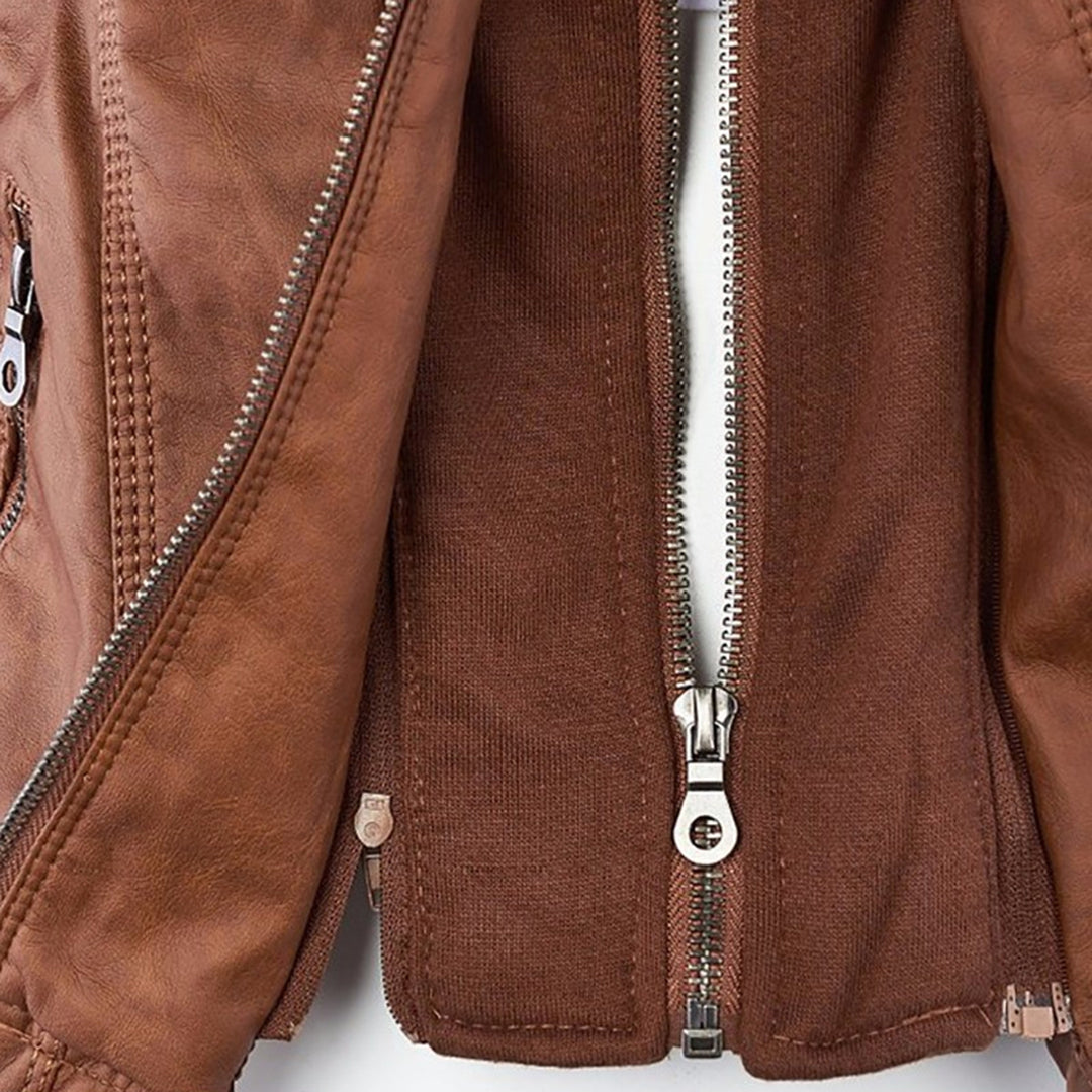 Faux Leather Removable Hood Zip Front Moto Jacket 7