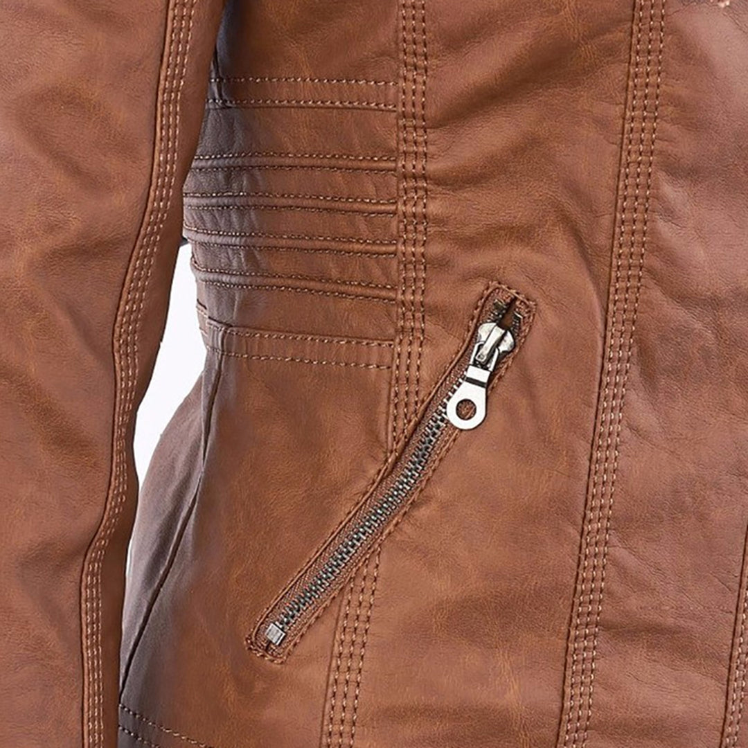 Faux Leather Removable Hood Zip Front Moto Jacket 6
