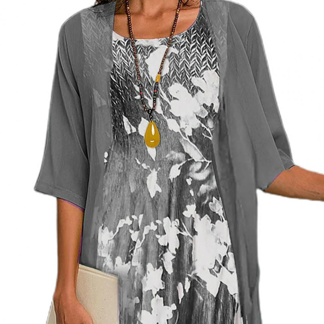 Floral Print Round Neck Midi Sheer Open Front Cardigan Set - View 4