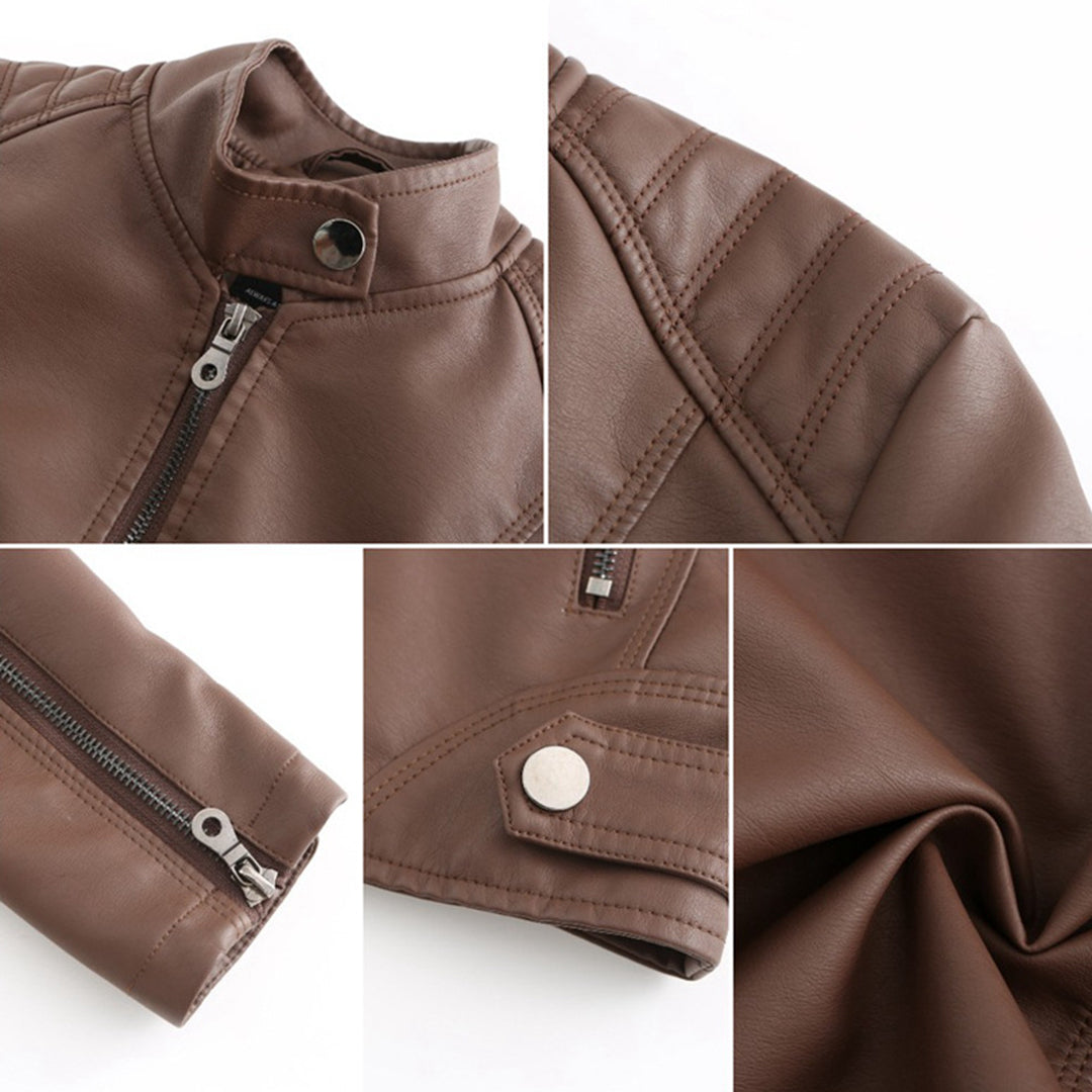 Stand Collar Zip Front Faux Leather Moto Jacket 7