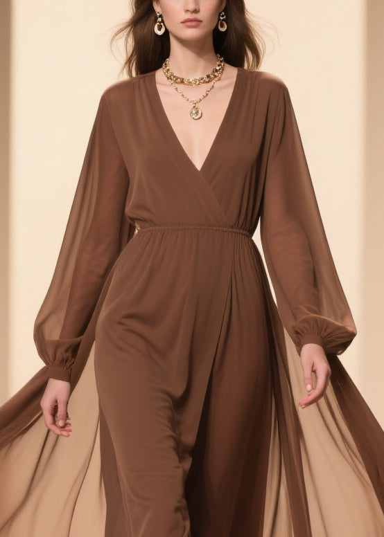 Coffee Wrinkled Solid Chiffon Maxi Dresses V Neck - View 2