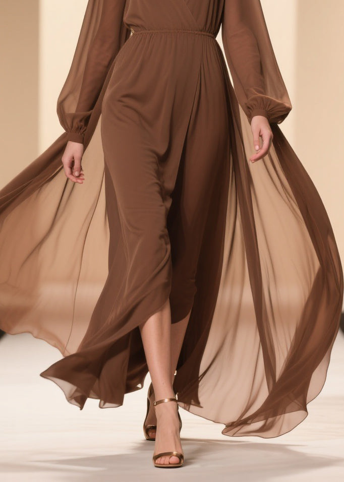 Coffee Wrinkled Solid Chiffon Maxi Dresses V Neck - View 4