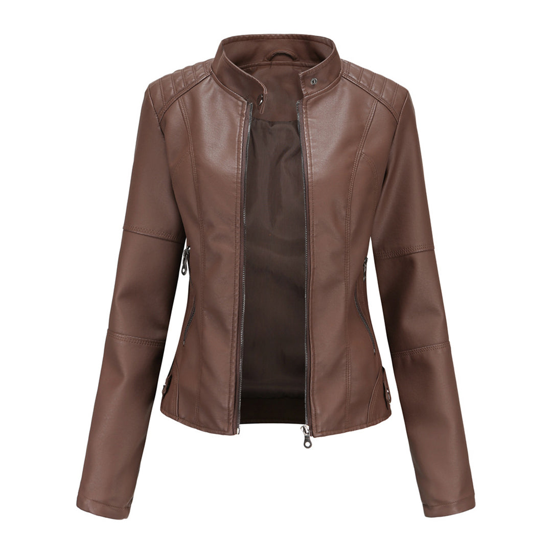 Stand Collar Zip Front Faux Leather Moto Jacket 5