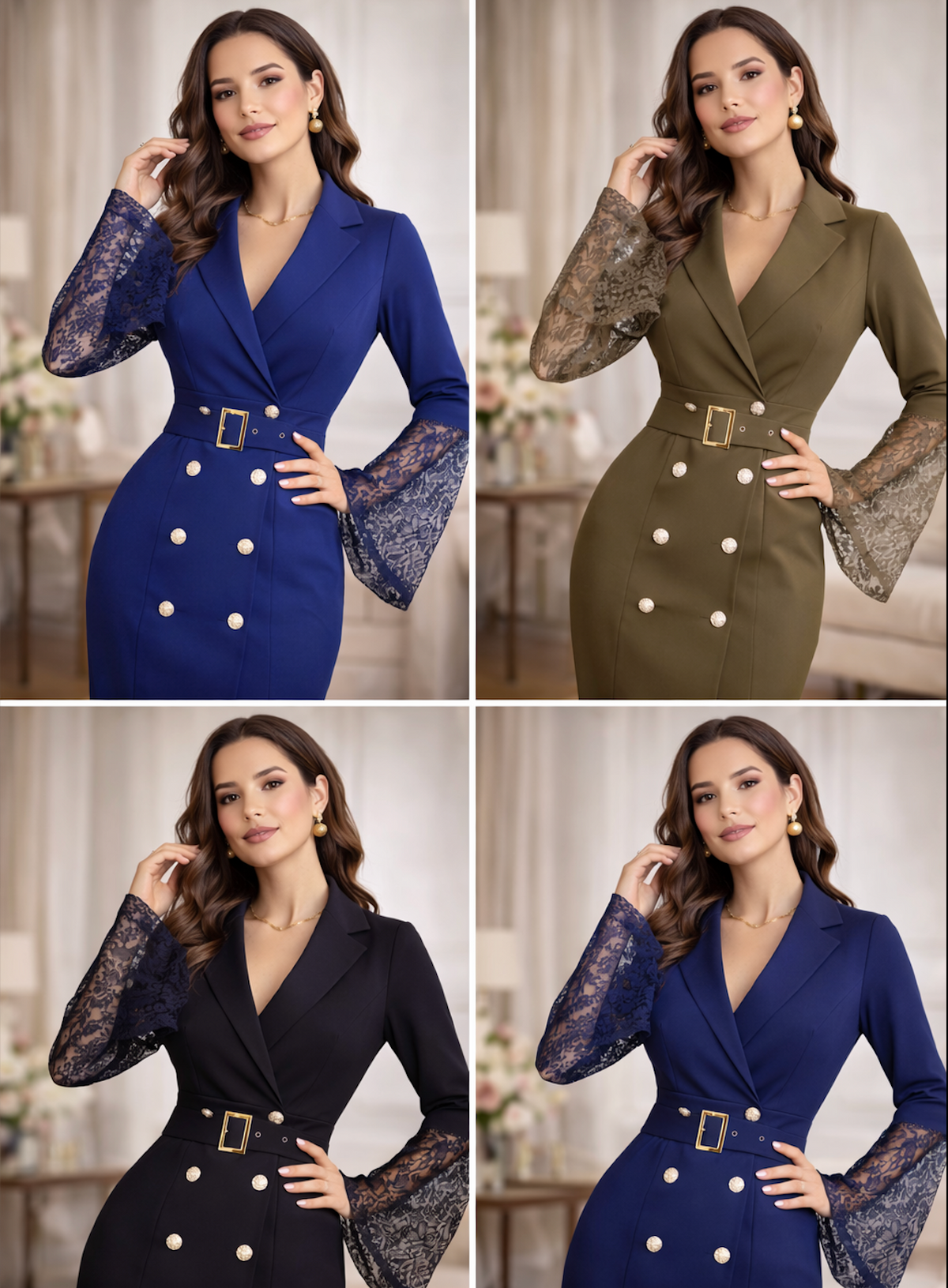 Double Breasted Belted Lace Bell Sleeve Blazer Midi Dress 6