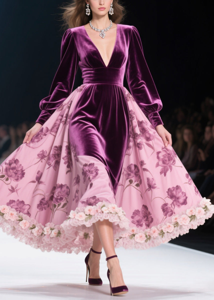 Velvet Floral Print Deep V-Neck Bishop Sleeve Rosette Midi Dress