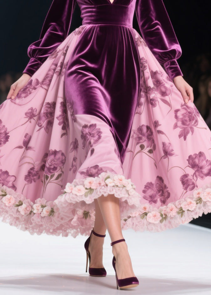 Velvet Floral Print Deep V-Neck Bishop Sleeve Rosette Midi Dress - View 4