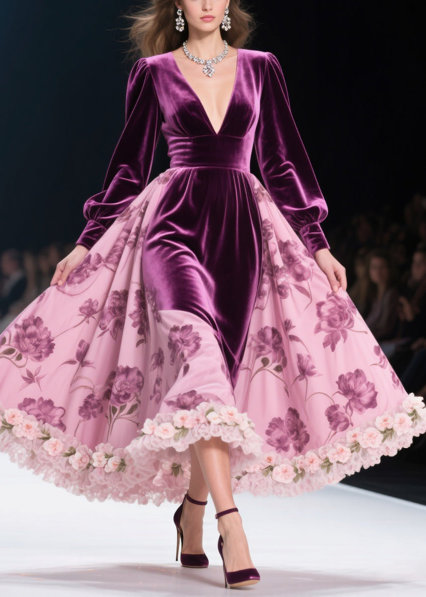 Velvet Floral Print Deep V-Neck Bishop Sleeve Rosette Midi Dress - View 5