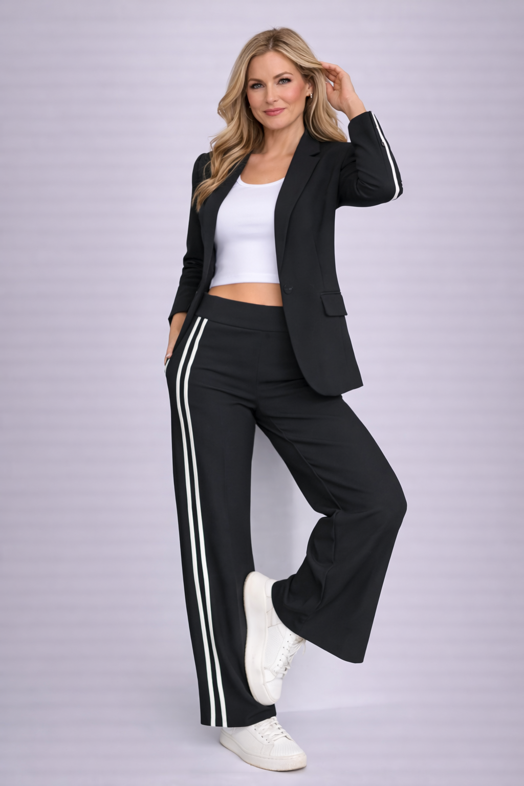 Notched Lapel Blazer and Side Stripe Wide Leg Pants Two Piece Set