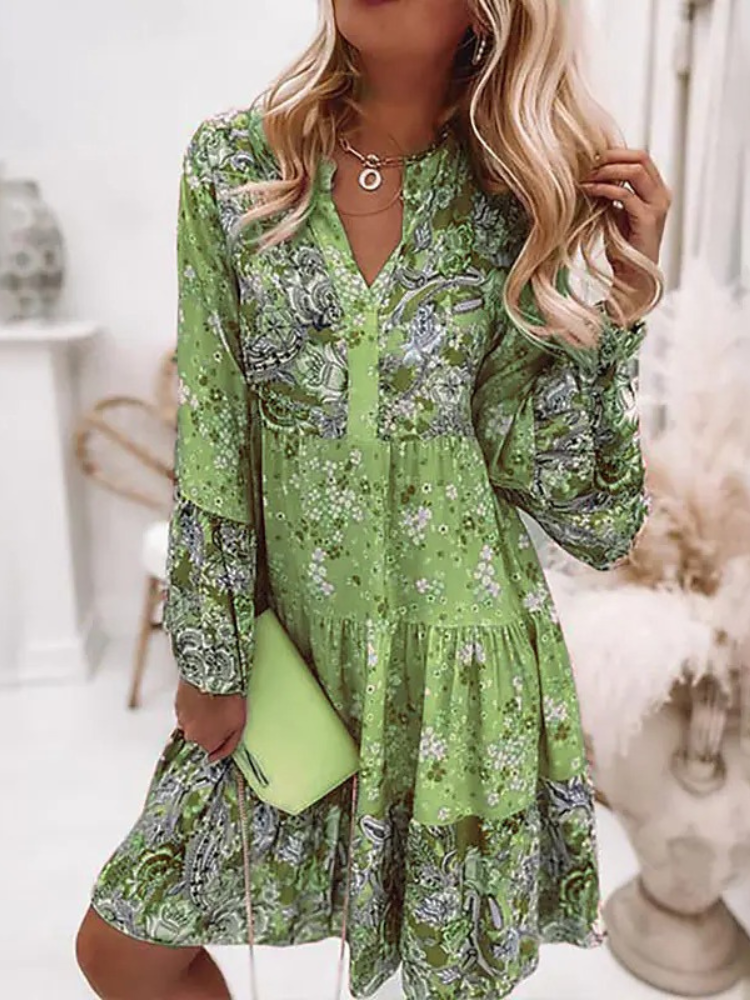 V-Neck Mandarin Collar Tiered Bell Sleeve Long Sleeve Midi Dress - View 3