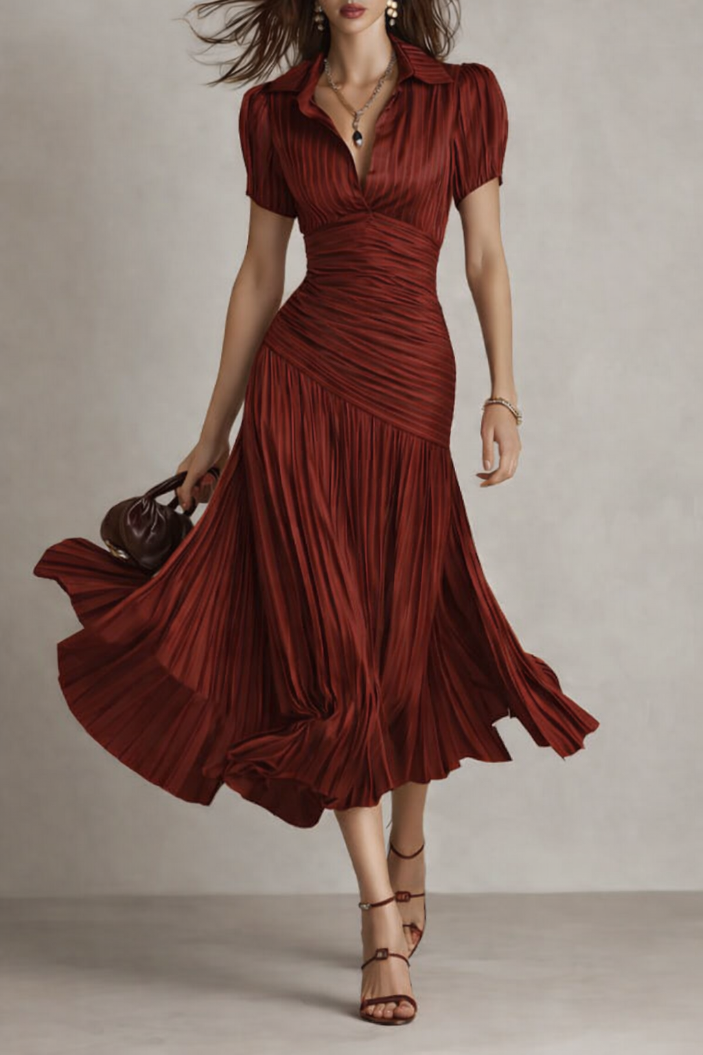 Striped Satin Collared Short Sleeve Ruched Pleated Fishtail Midi Dress 4