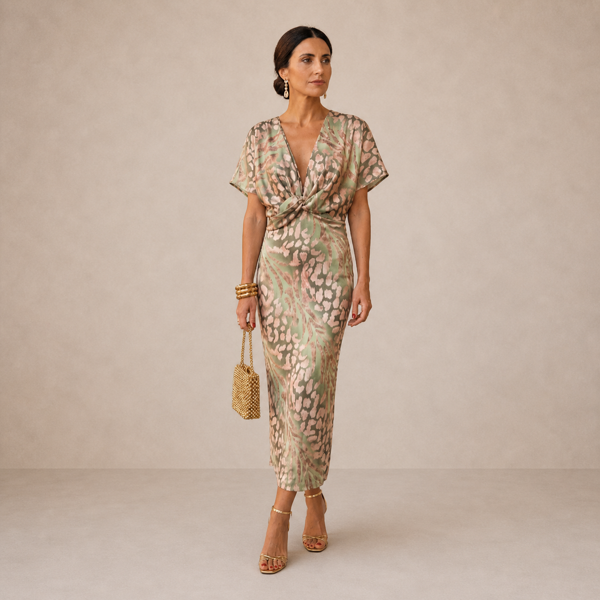 Animal Print Twist Front V-Neck Short Sleeve Midi Dress 2