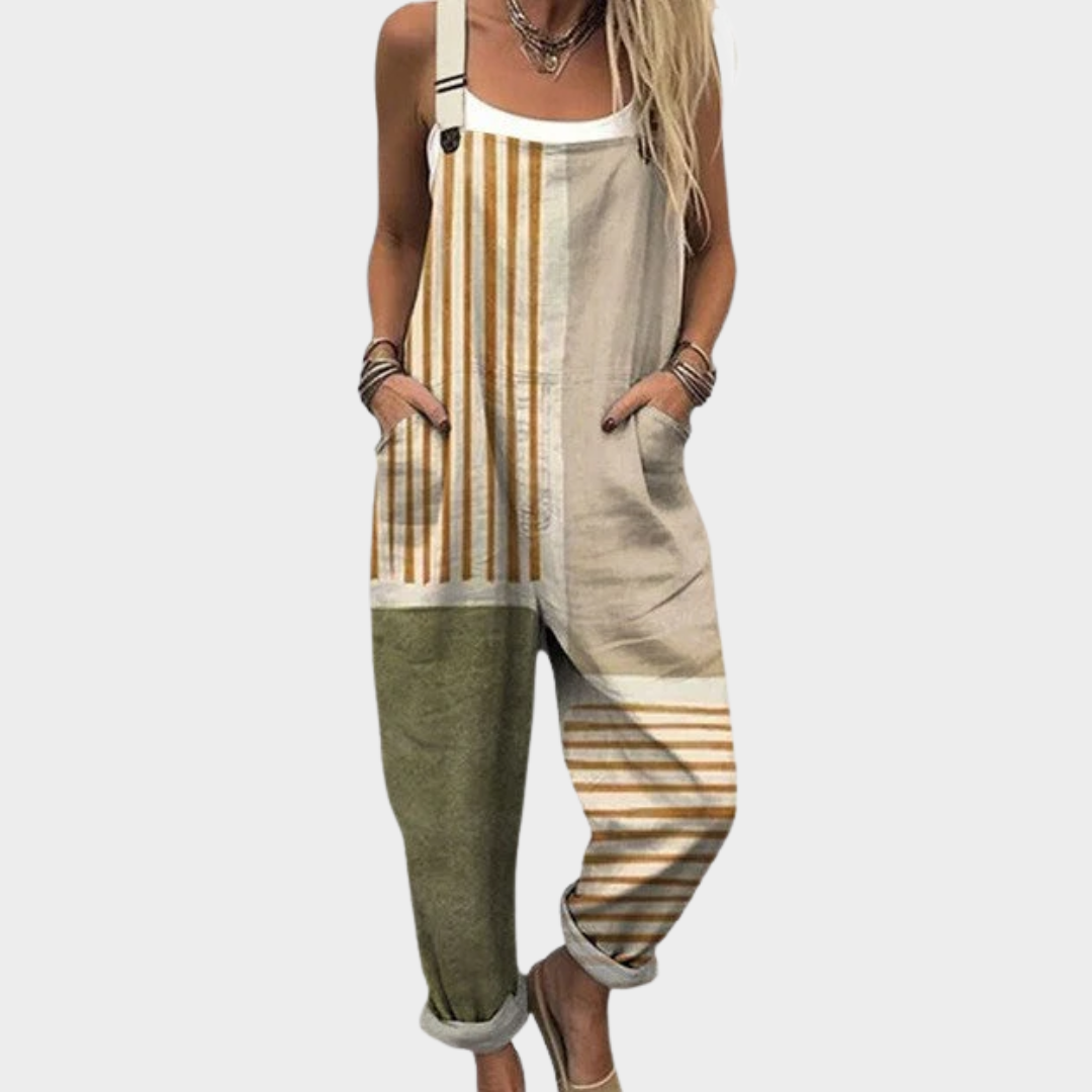 Striped Colour Block Pocket Wide Leg Overall Jumpsuit