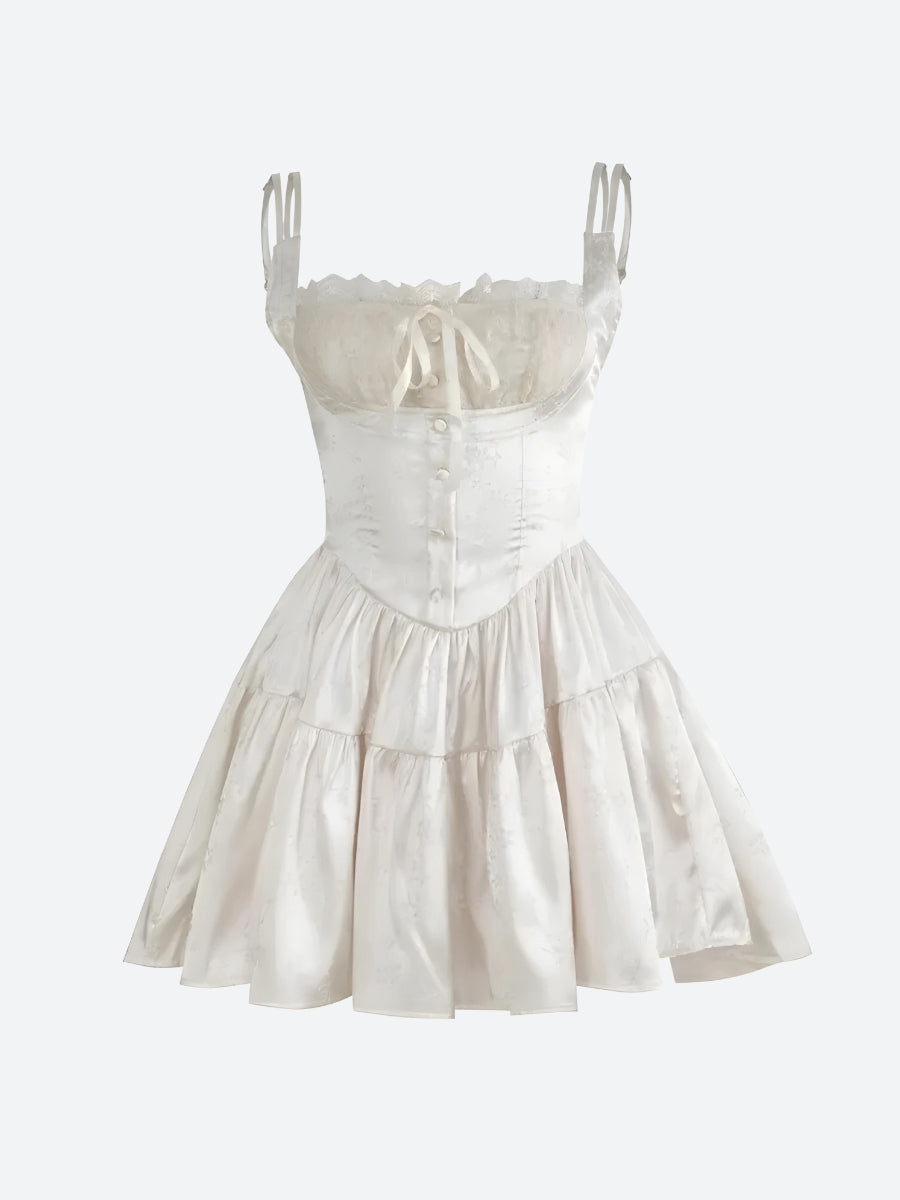Satin Spaghetti Strap Corset Lace Up Tiered Mini Dress - View 5