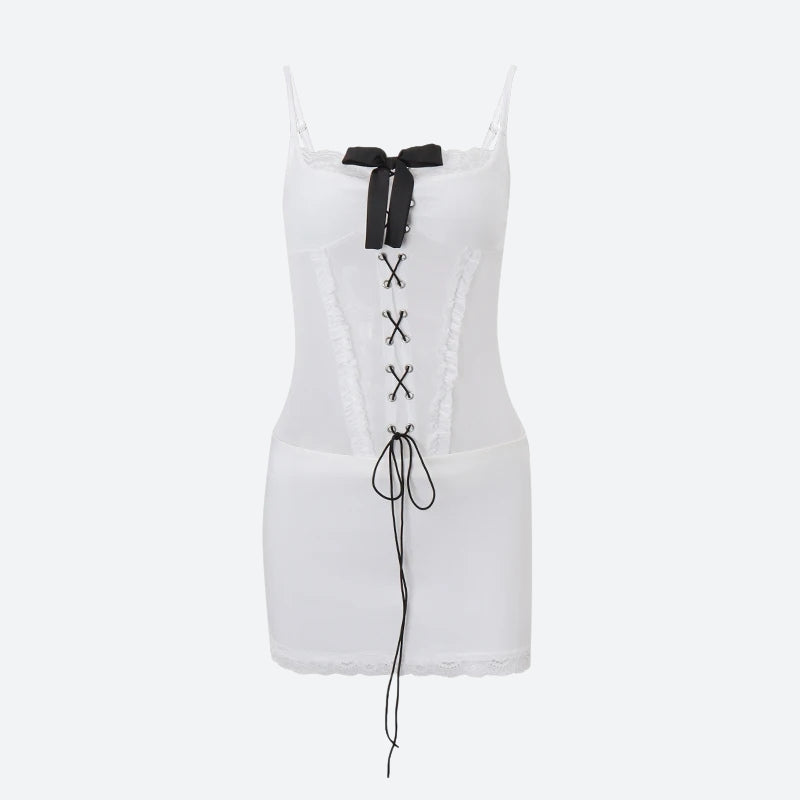 Spaghetti Strap Lace Trim Lace Up Corset Bodycon Mini Dress - View 5