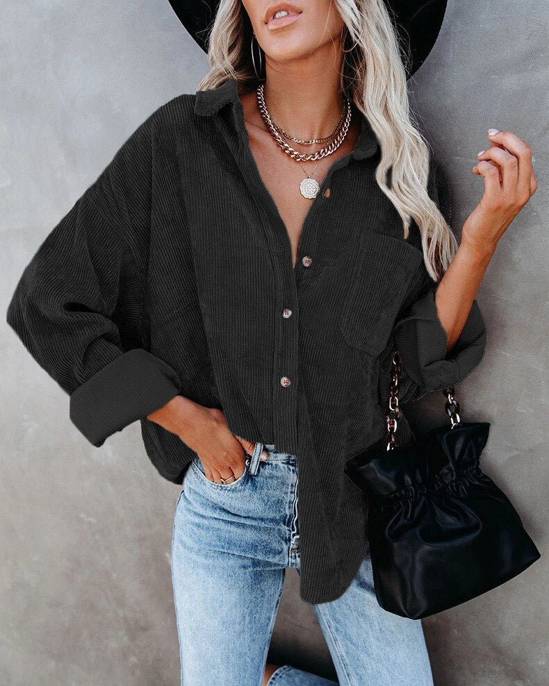Corduroy Button Front Chest Pocket Long Sleeve Shirt Jacket 7