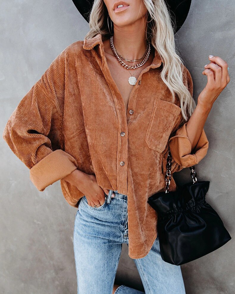 Corduroy Button Front Chest Pocket Long Sleeve Shirt Jacket 11