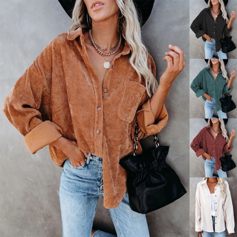 Corduroy Button Front Chest Pocket Long Sleeve Shirt Jacket 5