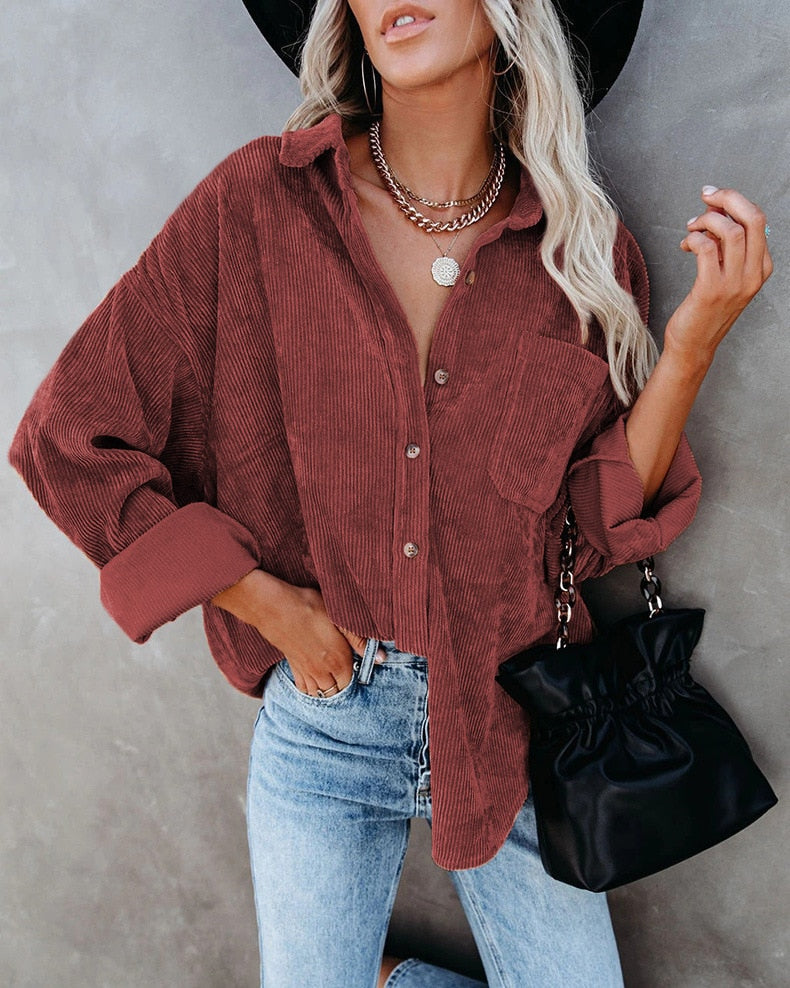 Corduroy Button Front Chest Pocket Long Sleeve Shirt Jacket 4