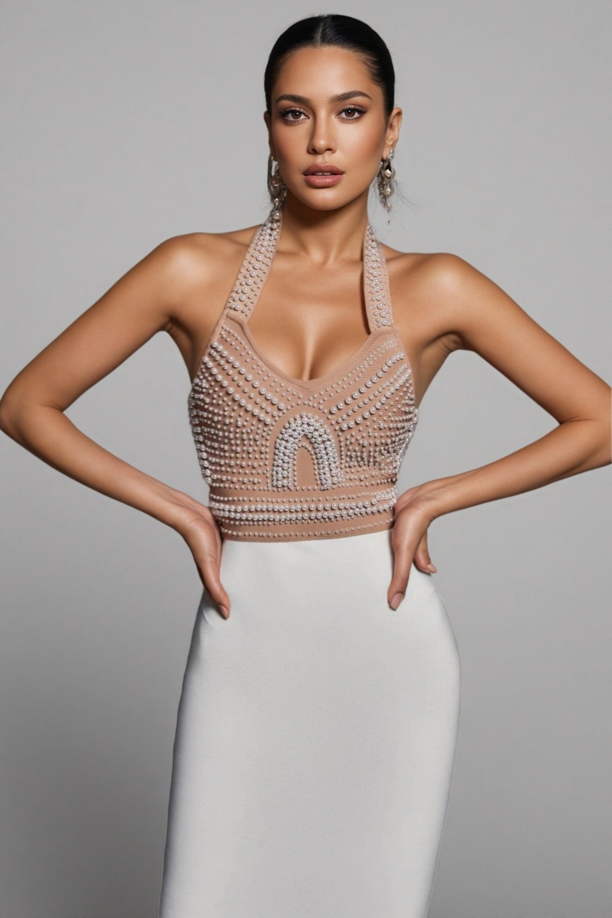 Pearl Beaded Halter Neck Bandage Midi Dress - View 4