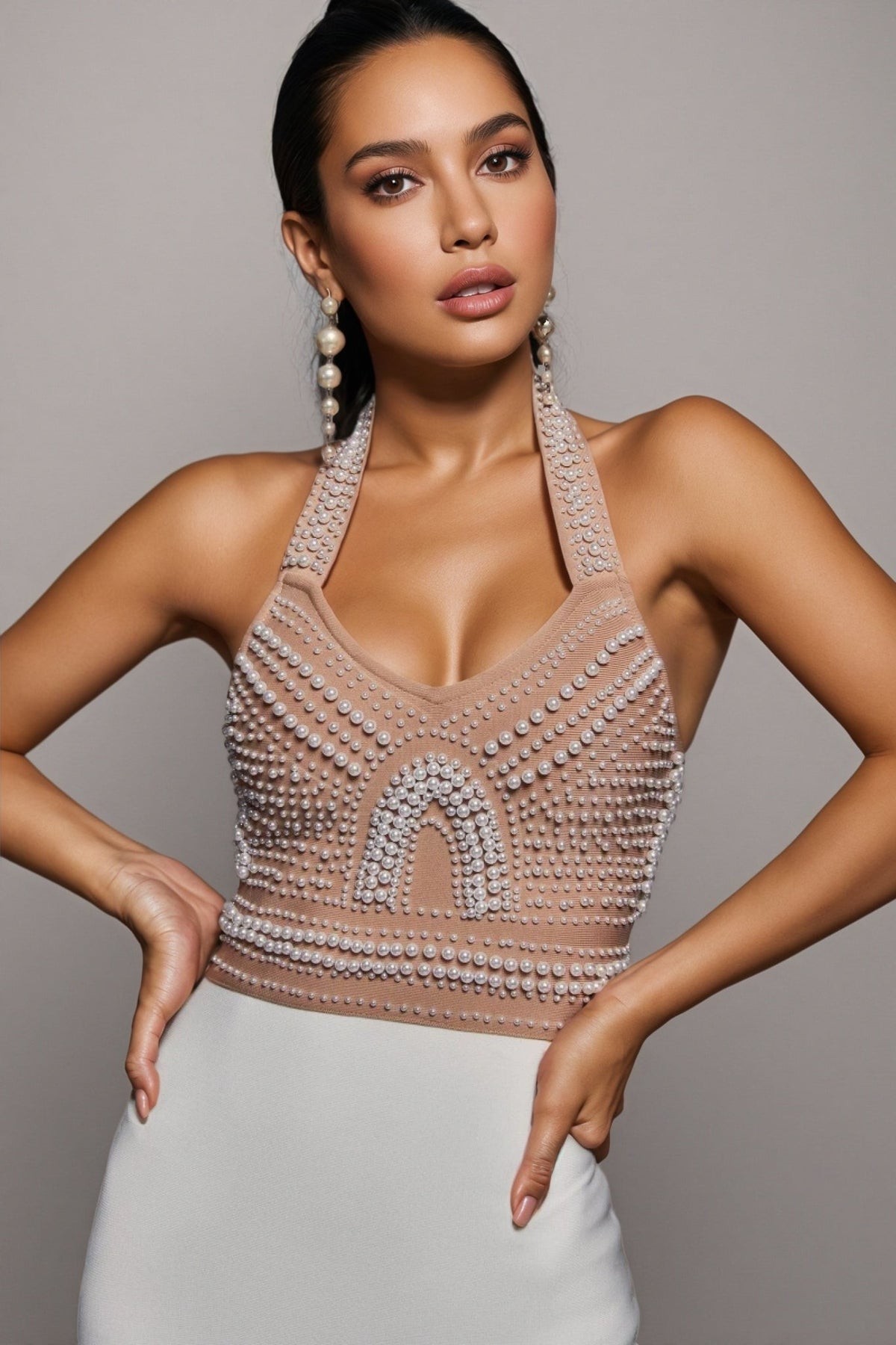 Pearl Beaded Halter Neck Bandage Midi Dress - View 5