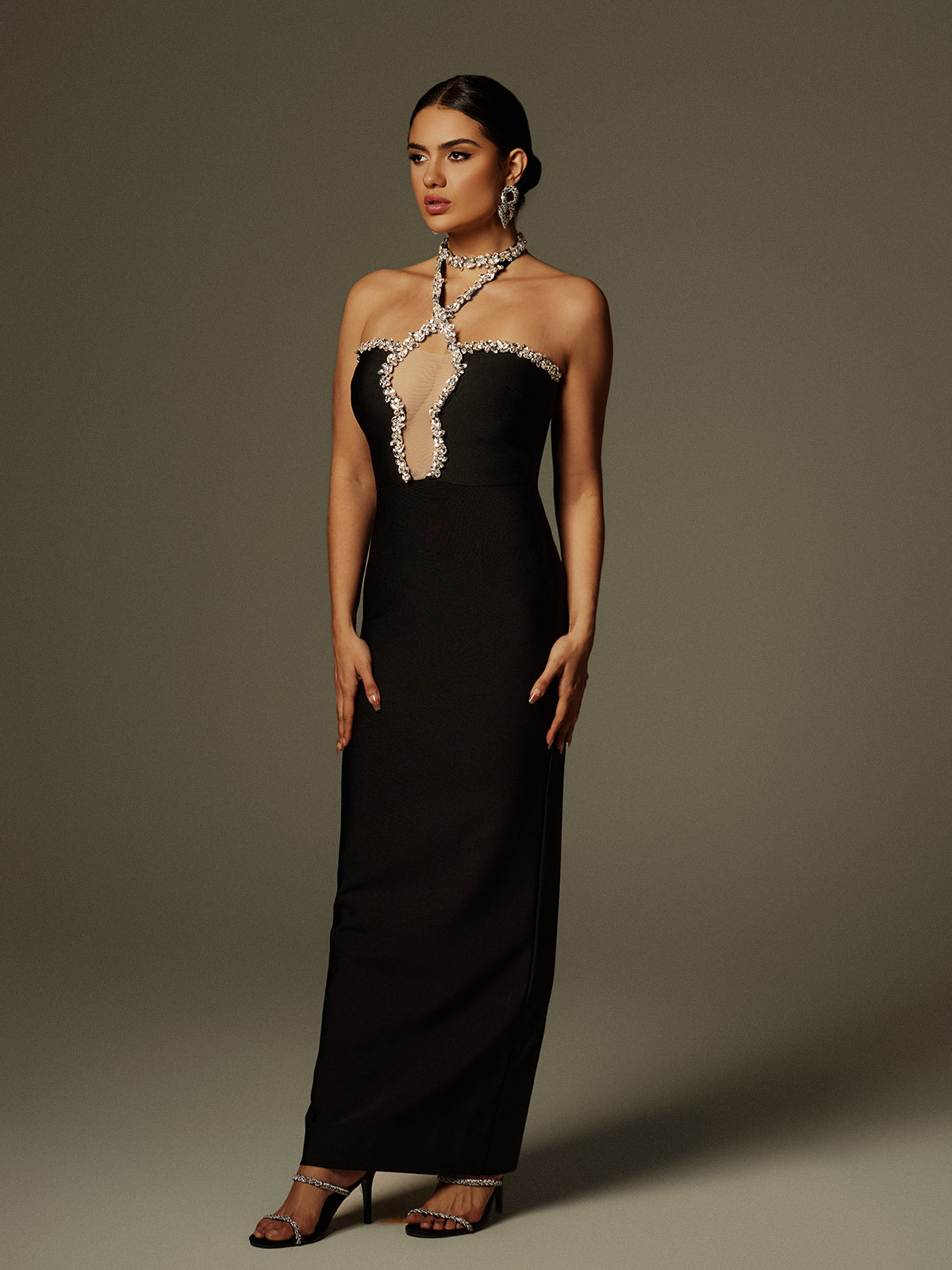Halterneck Rhinestone Bandage Maxi Dress - View 3