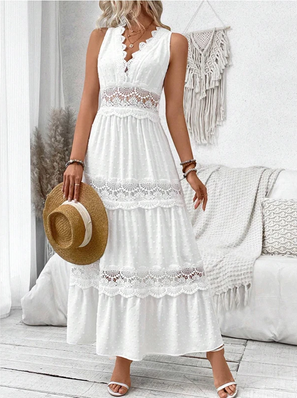 Lace Trim V-Neck Sleeveless Tiered Maxi Dress