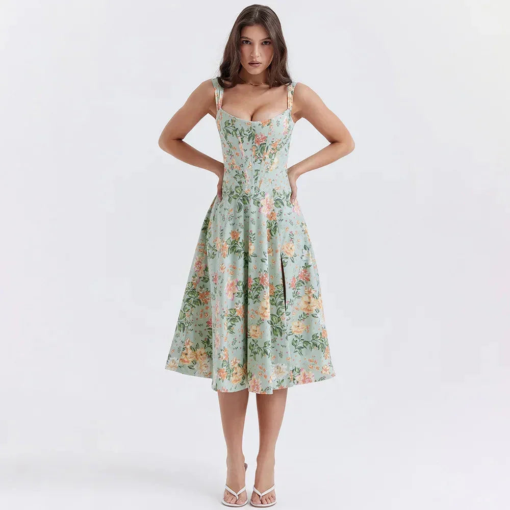 Floral Square Neck Corset High Split A-Line Midi Dress