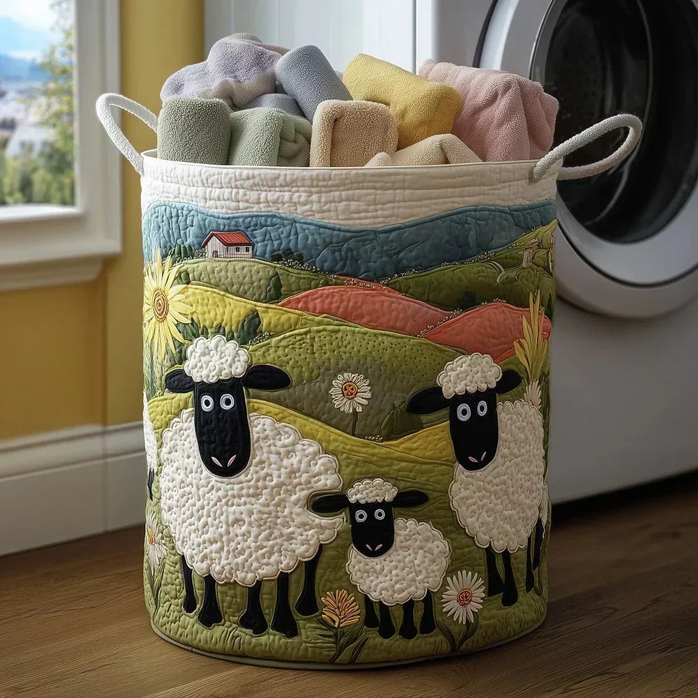Sheep Print Quilted Round Laundry Storage Basket 4